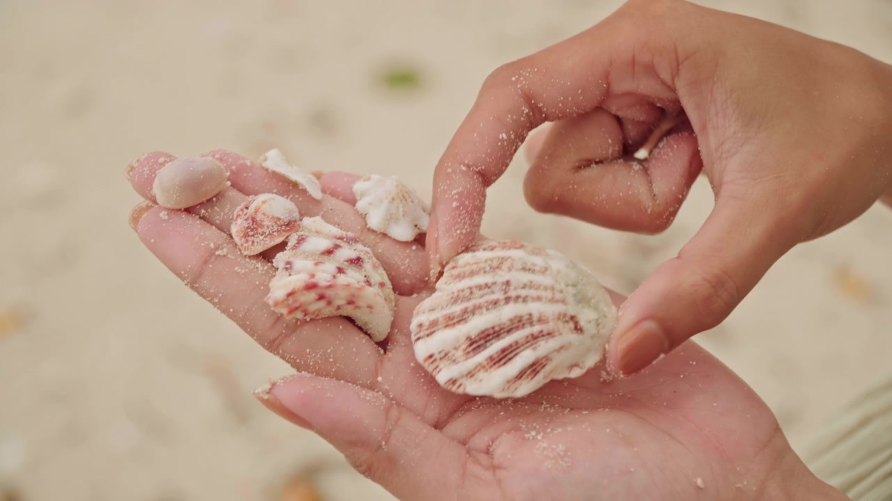 Asian woman fingers arranging shells on beach, sandy palms and close inspection of pink scallop and conch pieces, delicate touch with gold bracelet, playful sorting motion, sunlit warmth, vacation