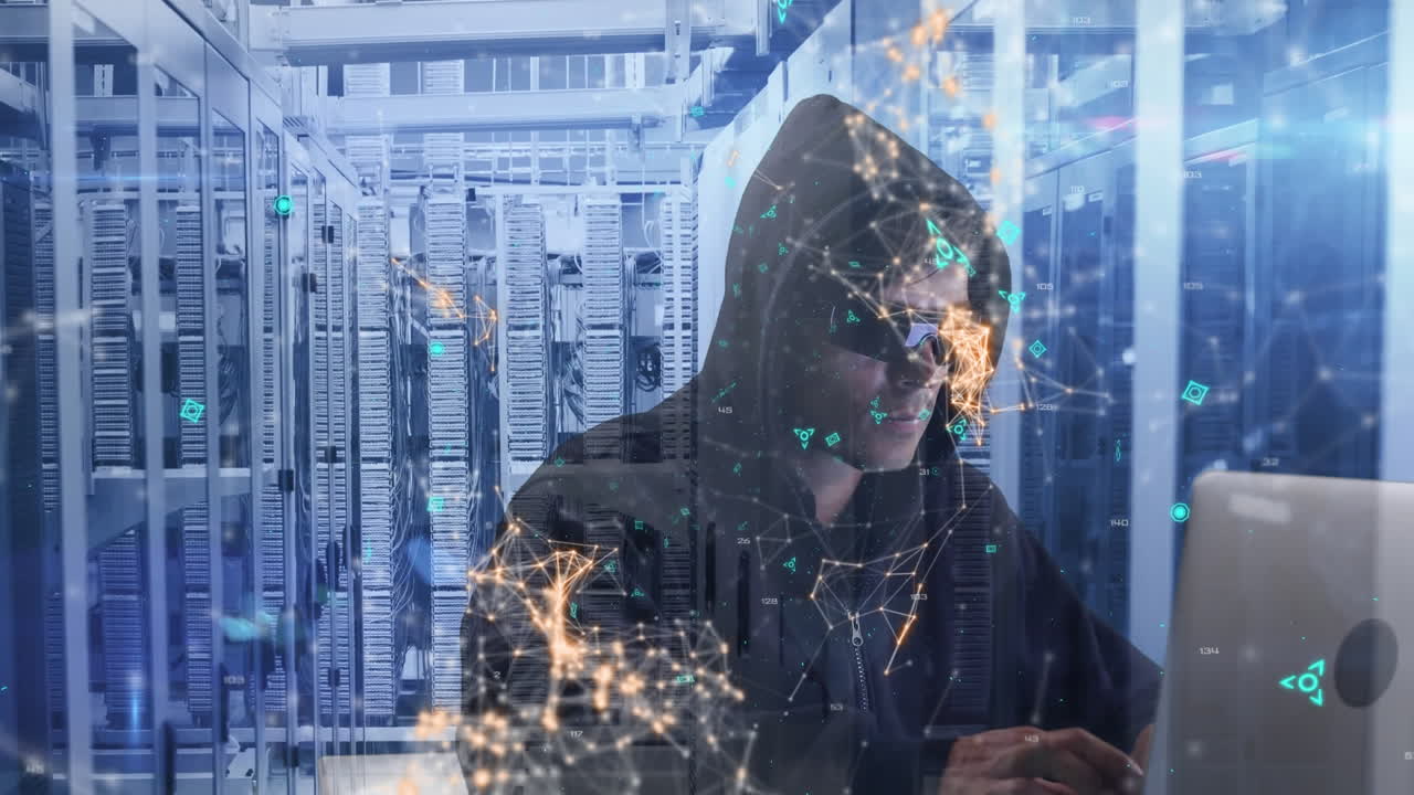 Animation of a hooded man hacking computer in a server room