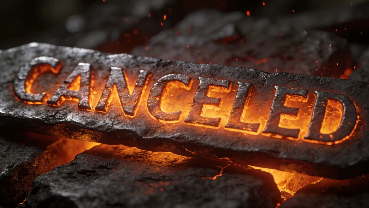 Glowing coals heating metal bar, recessed CANCELED letters pulsing and releasing embers in forge