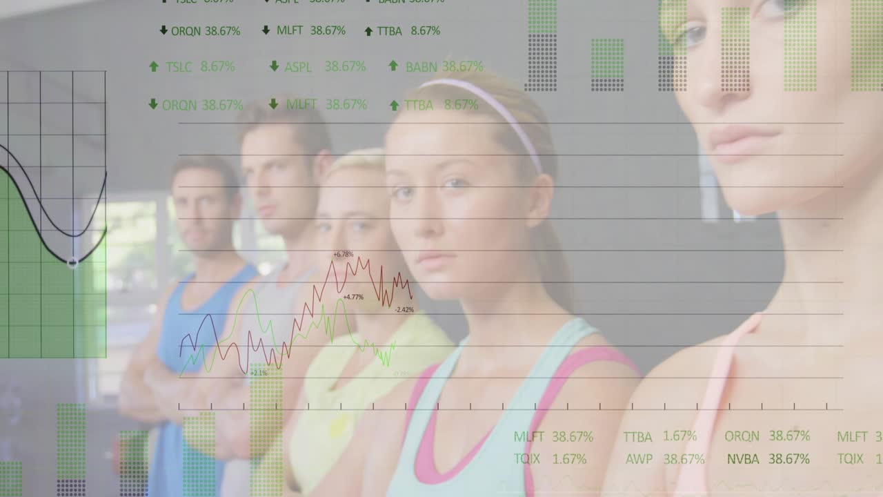 Kuntoiluryhmä seisoo kuntosalilla, kun häipyvät ruudukon peittokuvat käynnistävät prosenttiluvut ja näyttävät analytiikkaa.