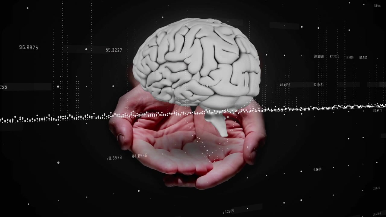 Hands appearing and holding floating brain while waveform pulsing and columns showing neural data