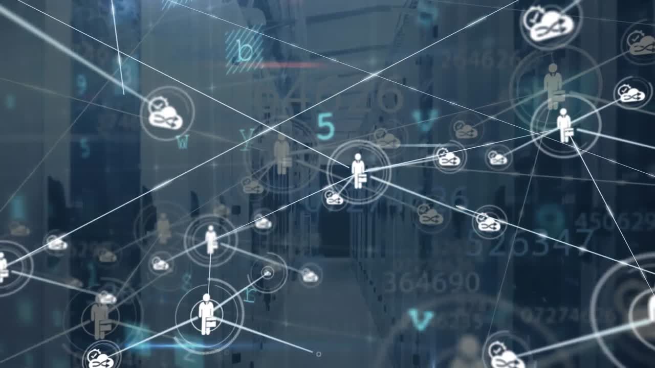 Animazione di rete di connessioni con icone su sala server e elaborazione dati.