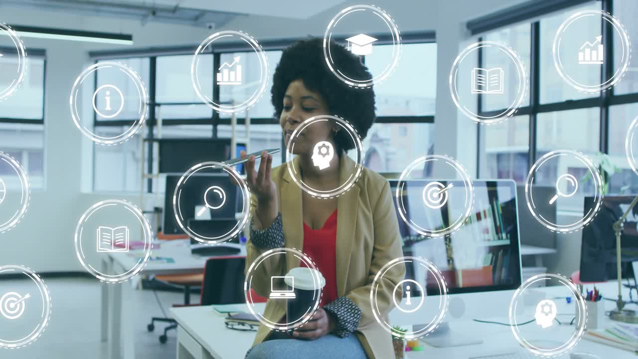 Executive initiating smartphone call tapping phone displaying business holograms analyzing data