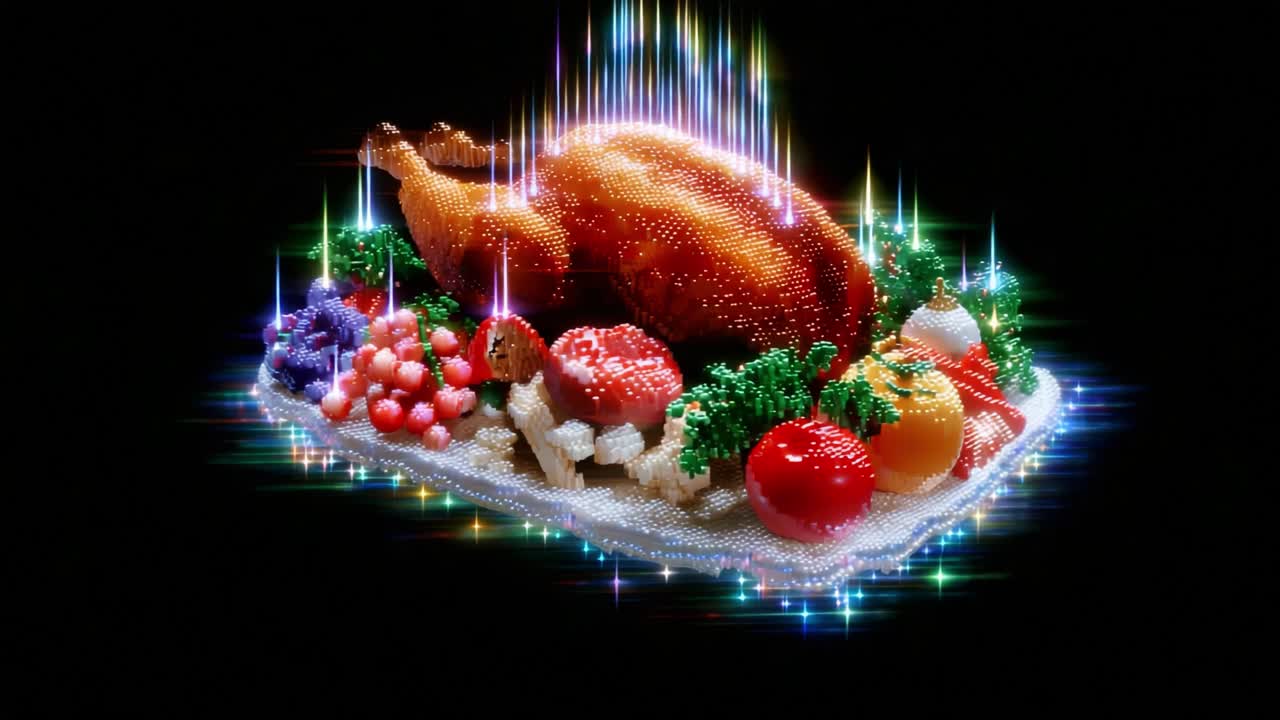An Exquisite Display of Culinary Delight Featuring a Perfectly Roasted Chicken Surrounded by an Array of Fresh Fruits and Vegetables for an Elegant and Festive Dining Experience