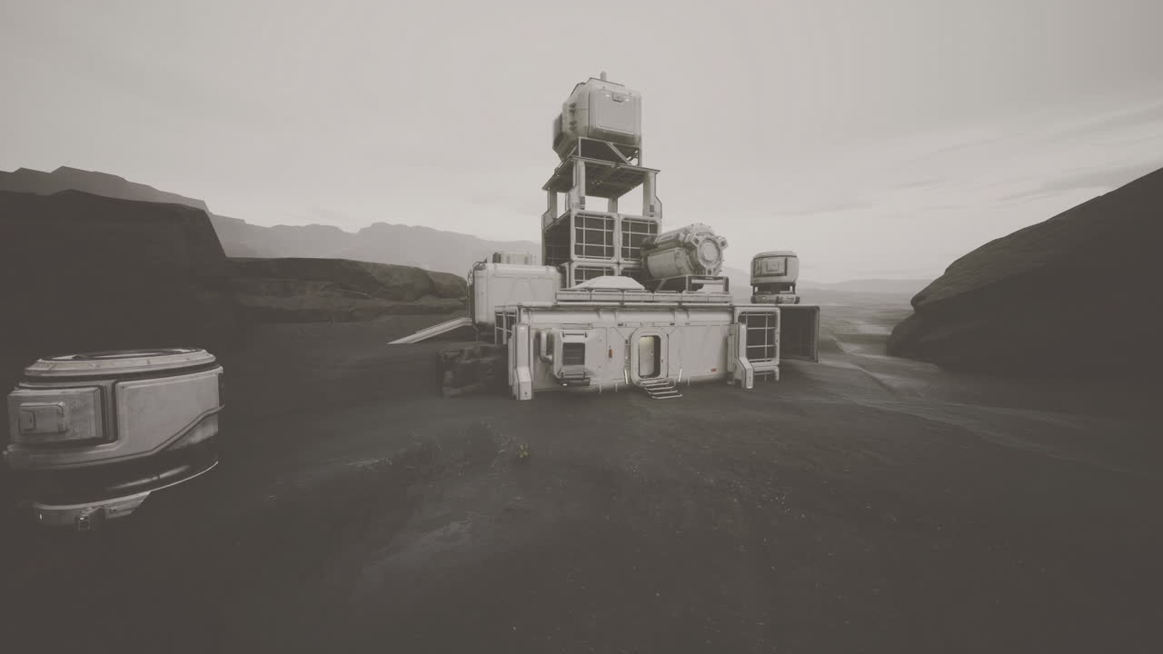 Resource refinery and processing tower on volcanic terrain with equipment