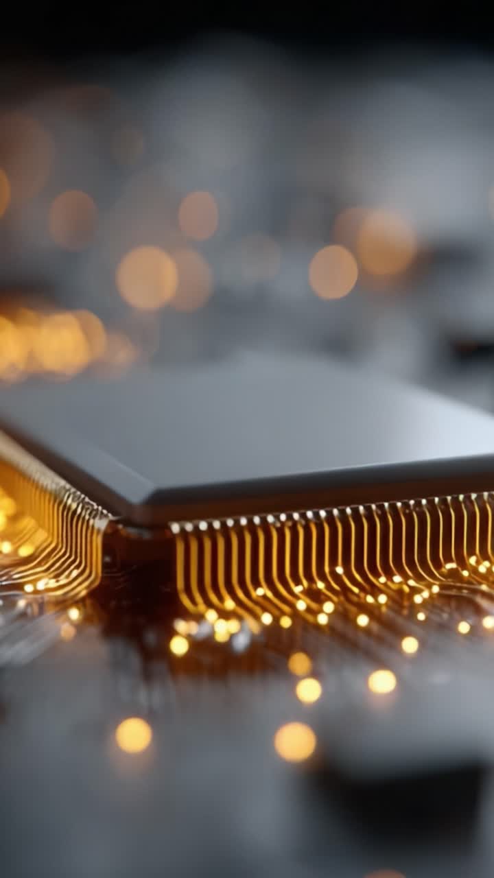 Primo piano complesso di un microprocessore con circuiti luminosi, che mostra la complessità e la tecnologia alla base dei moderni sistemi informatici