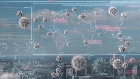 Animation-of-floating-virus-cells-over-world-map-and-cityscape