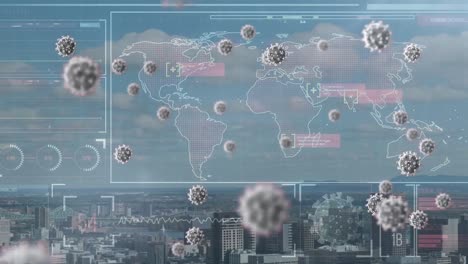 animación de células de virus flotantes sobre el mapa del mundo y el paisaje urbano