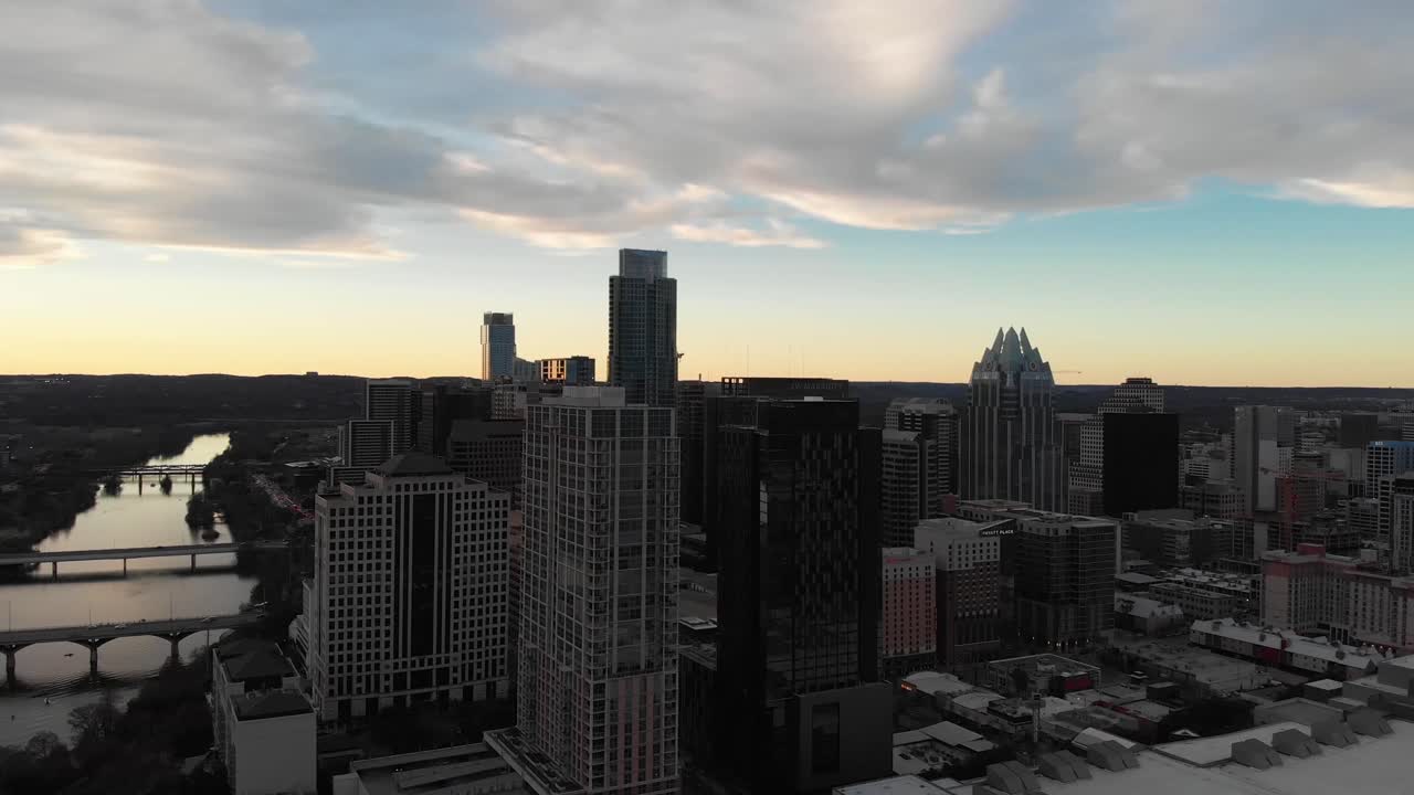 Zoom shoot of downtown facing West. Shot highlights the downtown skyline at sunset. Shot on 2-25-20
