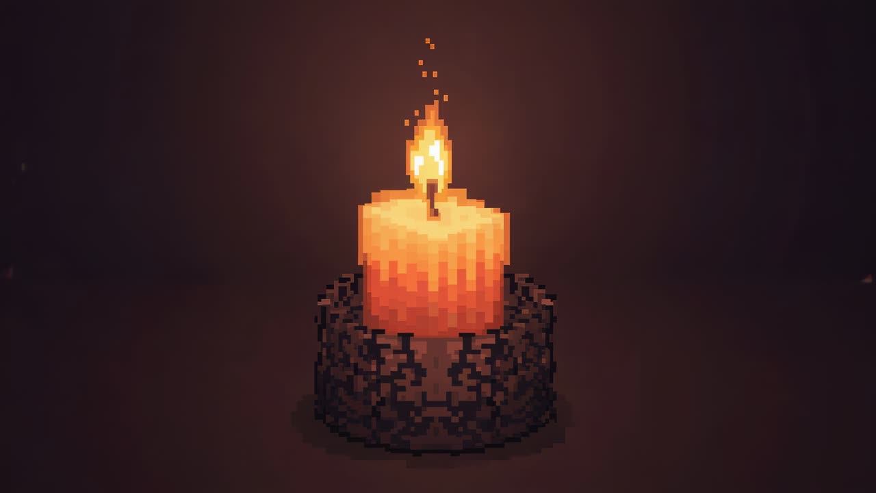 Candela in pixel art tremolante che reagisce ai fotogrammi, fiamma allungata su un tavolo da studio poco illuminato, supporto in metallo