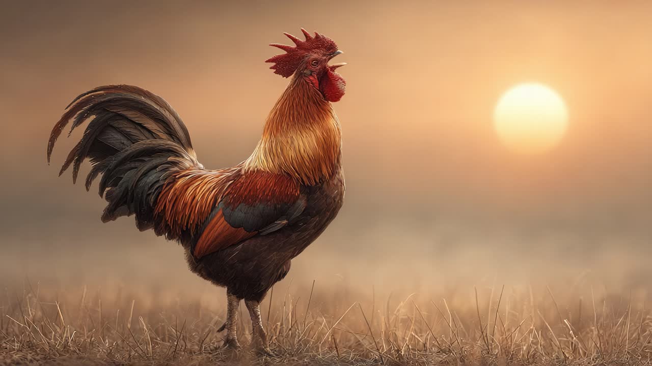 Altın rengi gün doğumuna karşı gururla duran görkemli bir horoz, sabahın erken ışıklarında canlı tüylerini ve büyüleyici duruşunu sergiliyor.