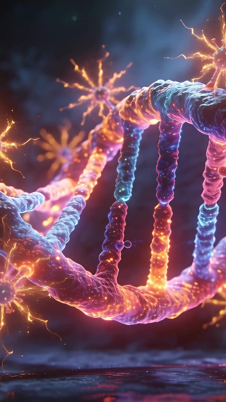 Video verticale: Elica di DNA rotante che segue lo spostamento della telecamera su un pavimento a specchio, con nodi pulsanti e punte.