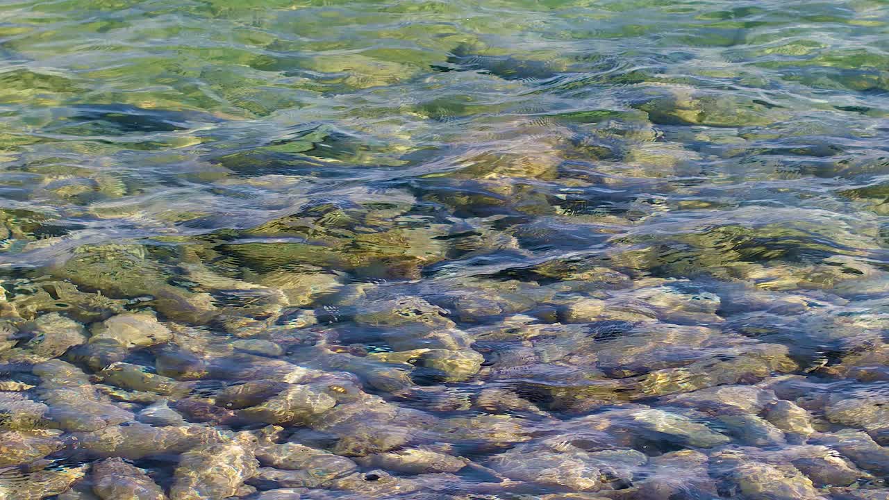 4k 100fps rocks and coral stones in shallow water, waves flowing overtop in crystal clear Caribbean ocean