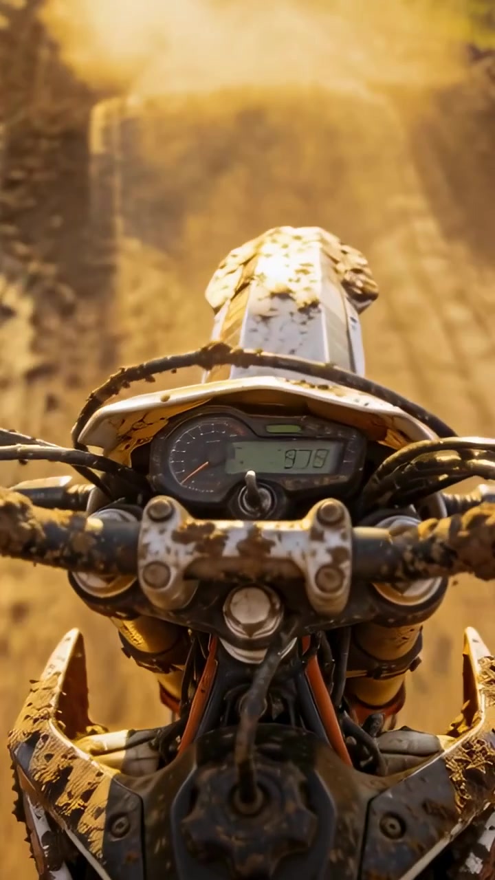 Video verticale: Acceleratore ruotato, il cruscotto anteriore di una moto infangata che si impenna su un crinale solcato su una pista illuminata dal sole.
