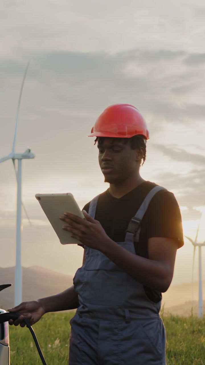 Man in hard hat and overalls checks data on tablet near wind turbines at sunset representing