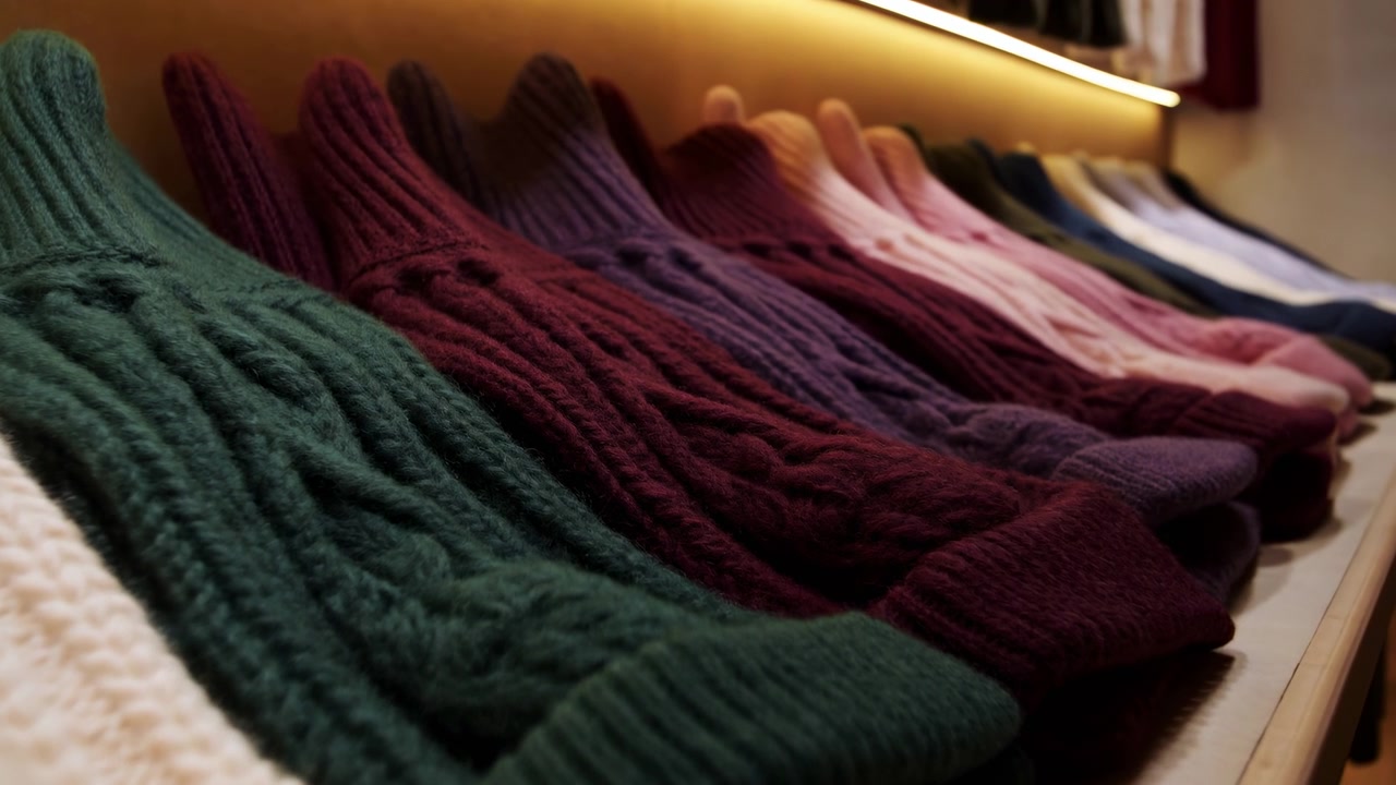 Shelf level motion scene of folded cable knit sweaters arranged diagonally on light wood shelving, revealing tactile knit detail, warm highlights, soft shadows, cozy retail style, with sweater, knit