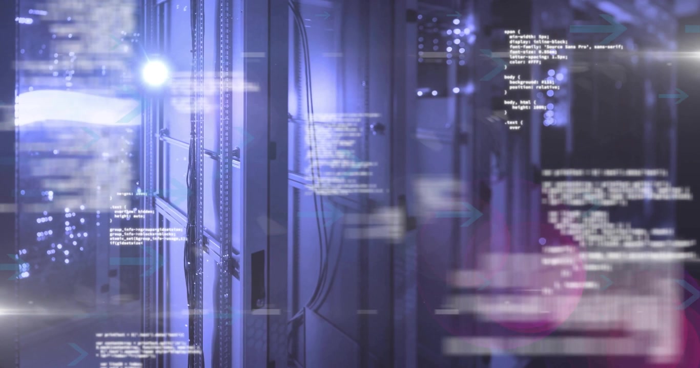 Powering server rack glowing blue-purple, code sliding and arrows drifting, pulsing data flow