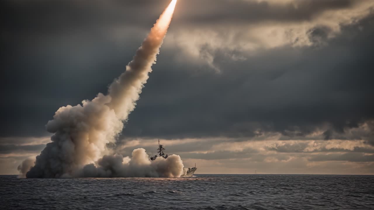 Una impresionante demostración de destreza militar: un buque naval lanzando un misil al mar abierto bajo cielos dramáticos y nubes imponentes, destacando la tecnología avanzada de armamento