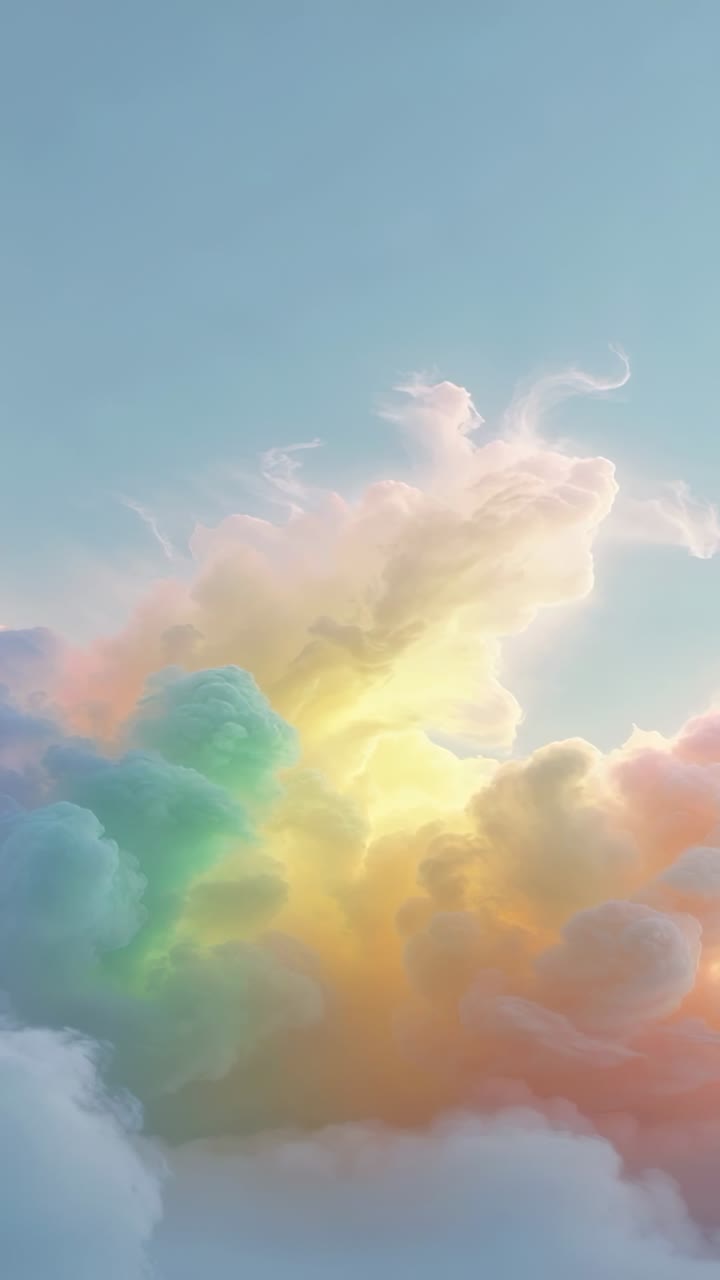 Vertical video: Sunlight illuminating cumulus cloud drifting across open sky showing pastel tints