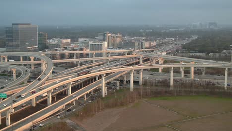 Aerial-of-cars-on-I-10-West-freeway-in-Houston,-Texas