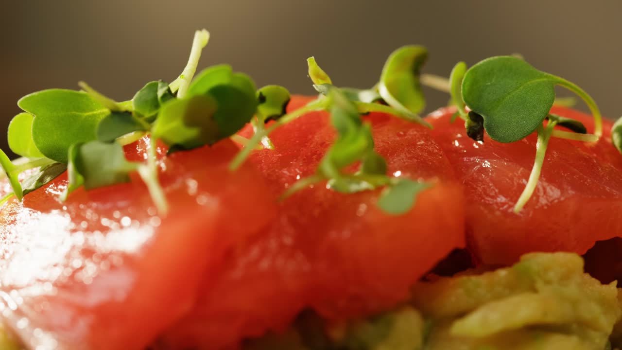 Close-up of Salmon Sashimi with Microgreens