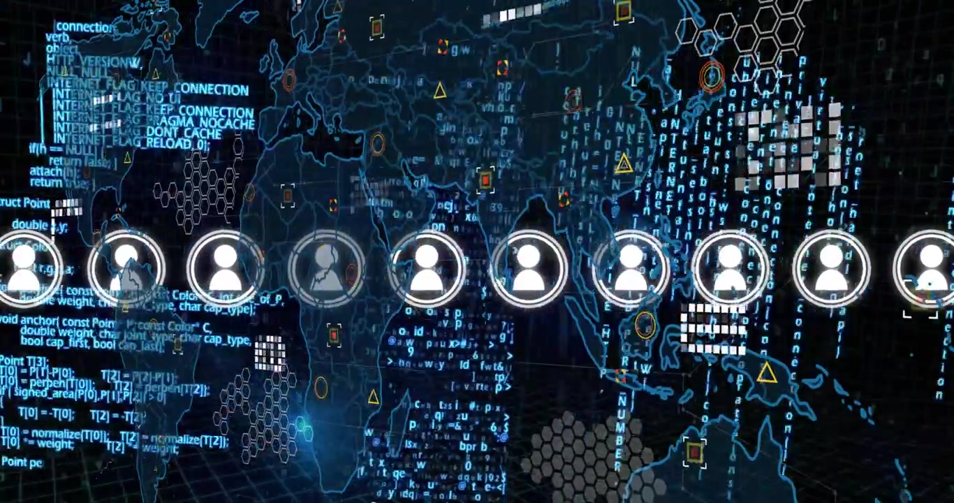Animation of icons over data processing and world map on black background