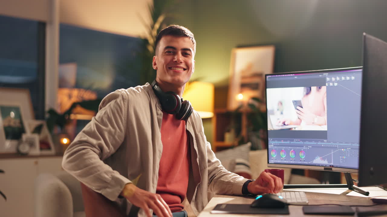 Man editing video at his home office