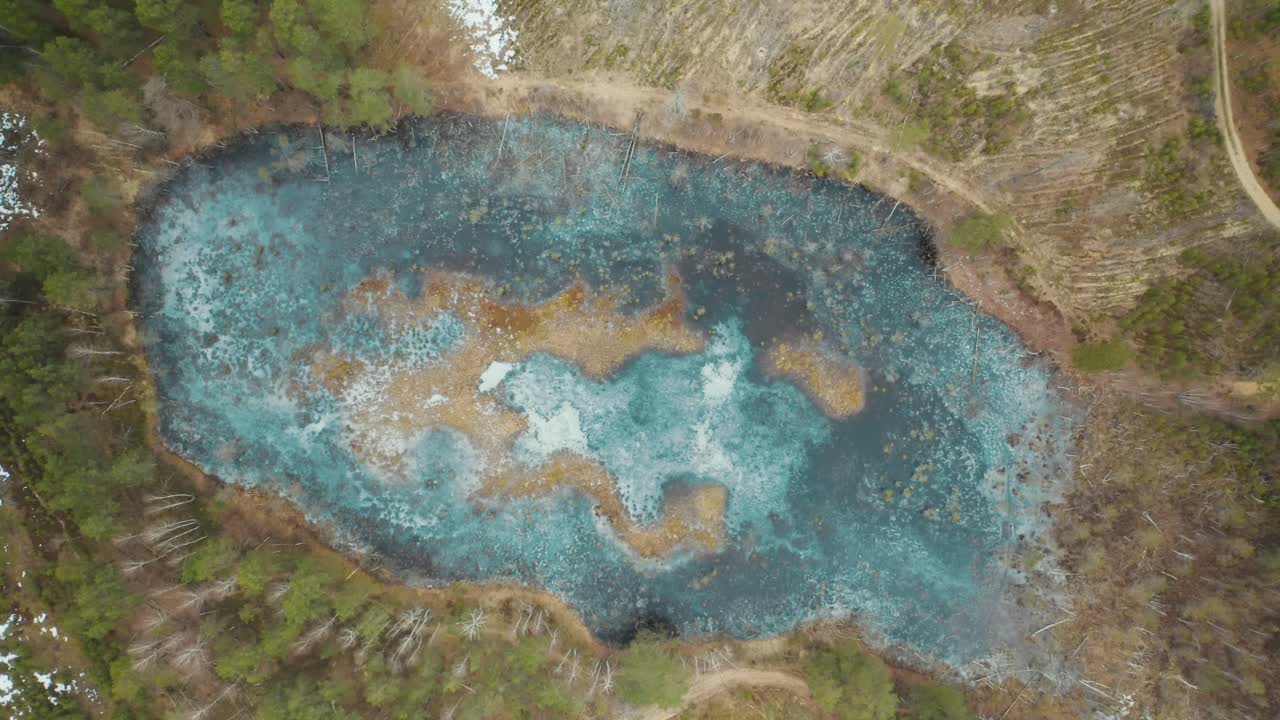 antena: lago de pantano de hielo azul brillante en el bosque en lituania