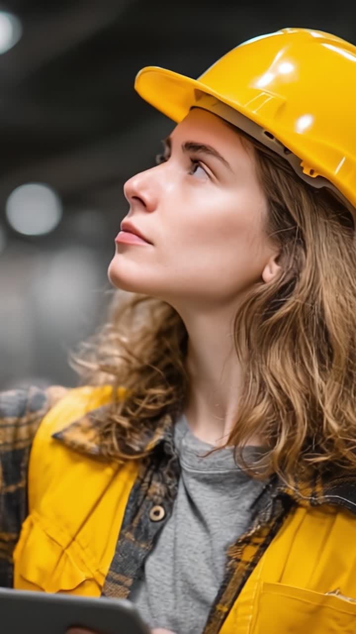 Una lavoratrice dedicata con equipaggiamento di sicurezza osserva l'ambiente circostante con concentrazione e determinazione, riflettendo sul suo ruolo nel luogo di lavoro e sui protocolli di sicurezza.