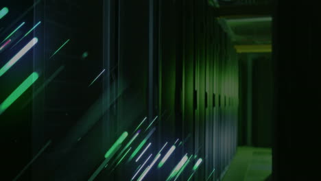 data processing animation over server racks in dimly lit data center