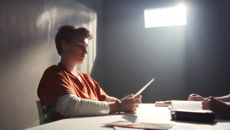 female prisoner speaking aggressively to officer during interrogation