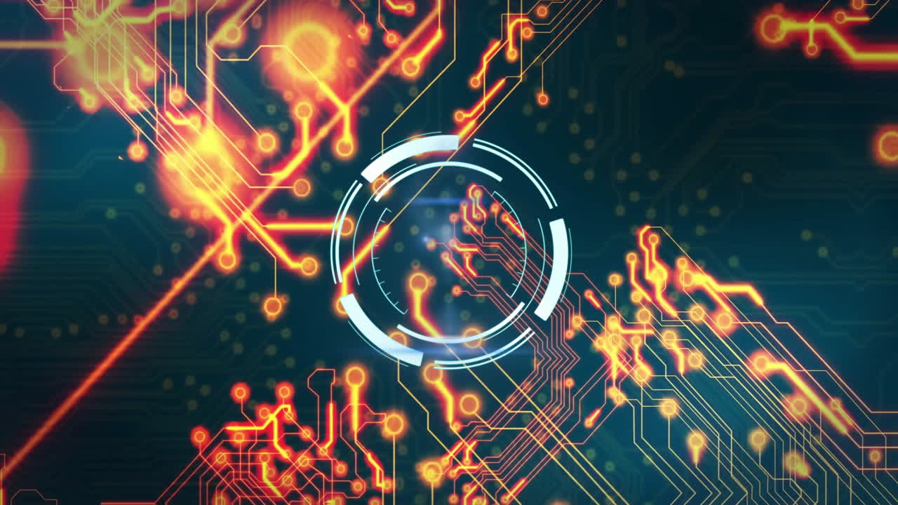 Animation of futuristic digital circuit board with glowing connections and interface