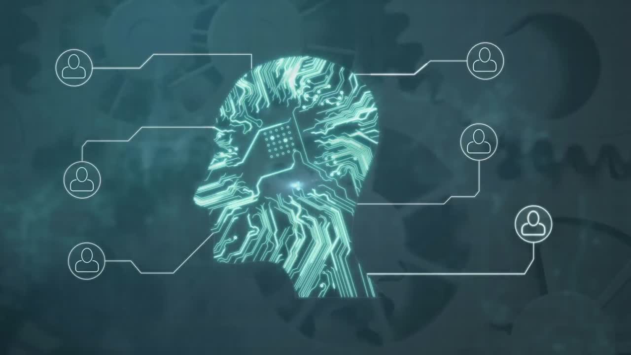 기어 배경에 인간의 머리 모양의 전기 회로