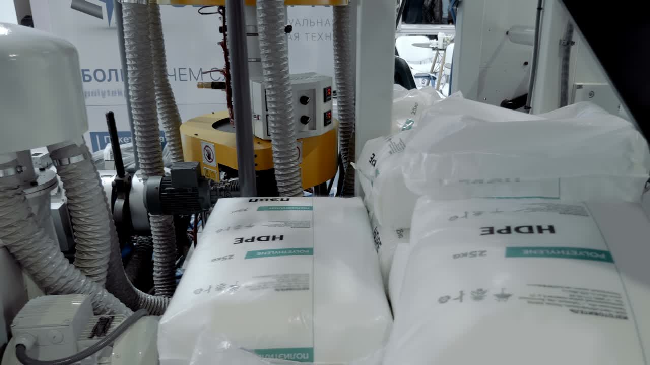 una pila de bolsas blancas con gránulos de plástico para la producción de una película polimérica