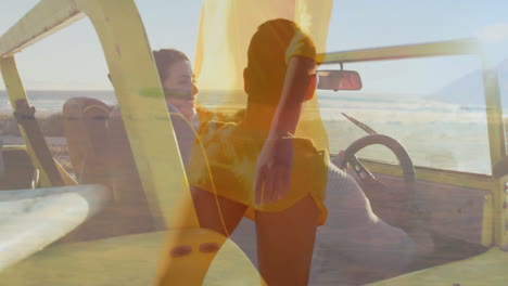 driving open-top vehicle on beach, people watching sunset animation in sky