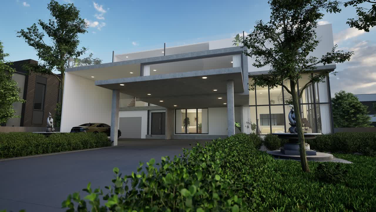 Exterior de casa de lujo moderno con entrada para vehículos