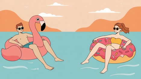a relaxing summer day on the water: two friends enjoying their inflatable floats, a flamingo and donut, while sporting sunglasses in a serene setting