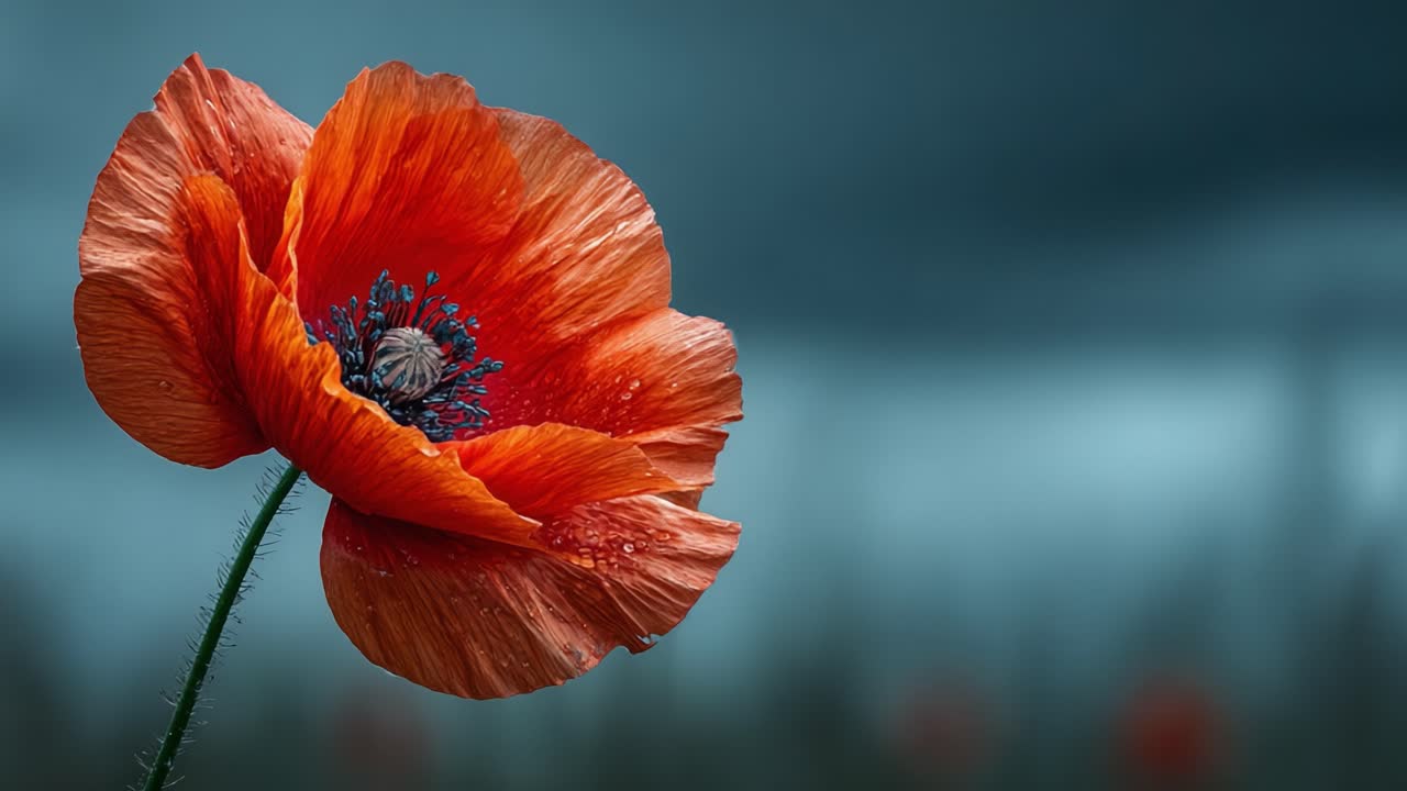A Stunning Close-Up of a Vibrant Red Poppy Flower Amidst a Moody Sky, Showcasing Its Intricate Petals and Striking Coloration Against a Background of Soft Hues