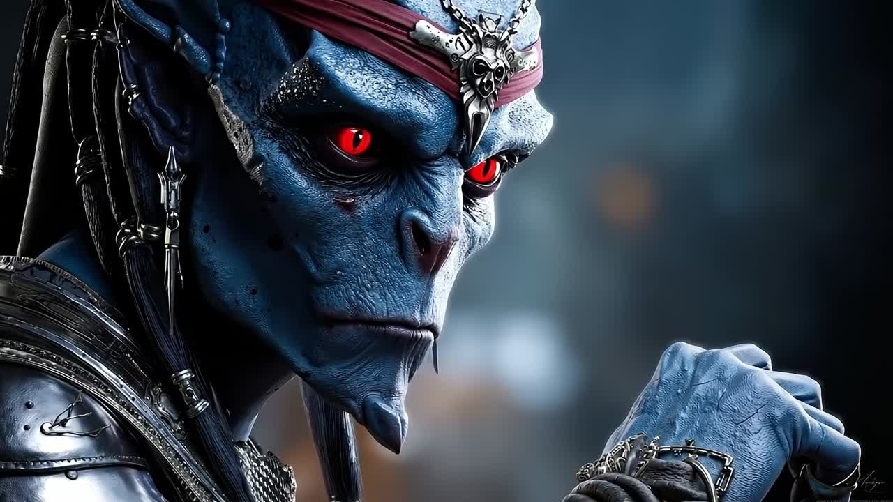A close up of a person with red eyes and a sword