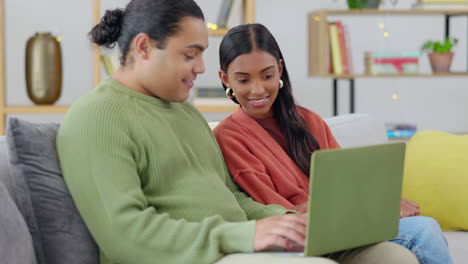 Laptop,-sofa-and-happy-couple-search-online