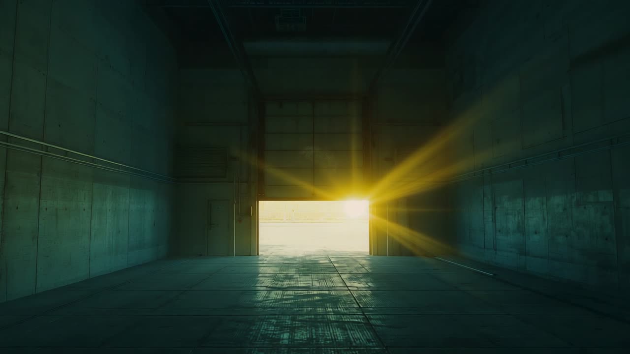Streaming sunlight pouring through hangar doorway, lighting hangar floor with rays and lens flare