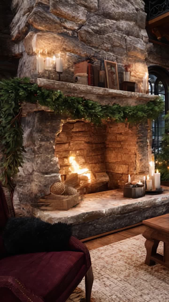 Design per un focolare accogliente: un elegante camino in pietra naturale circondato da candele calde e vegetazione festosa, perfetto per riunioni invernali e comfort domestico