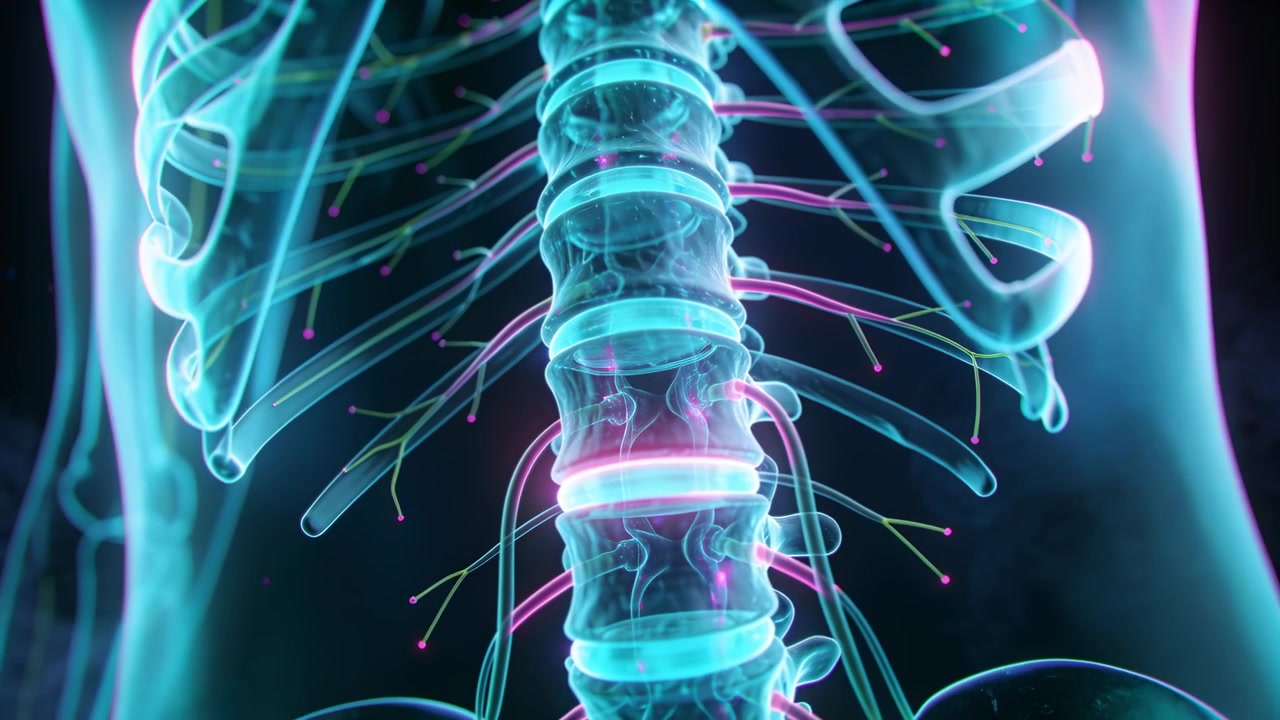 Animating torso model in 3D anatomy, thoracic spine disc flaring, zooming, showing nerves firing