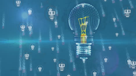 animation of 3d light bulb over robot icons against falling binary codes on blue background