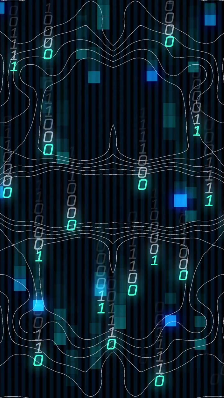 Animation of binary coding digital data processing over black background