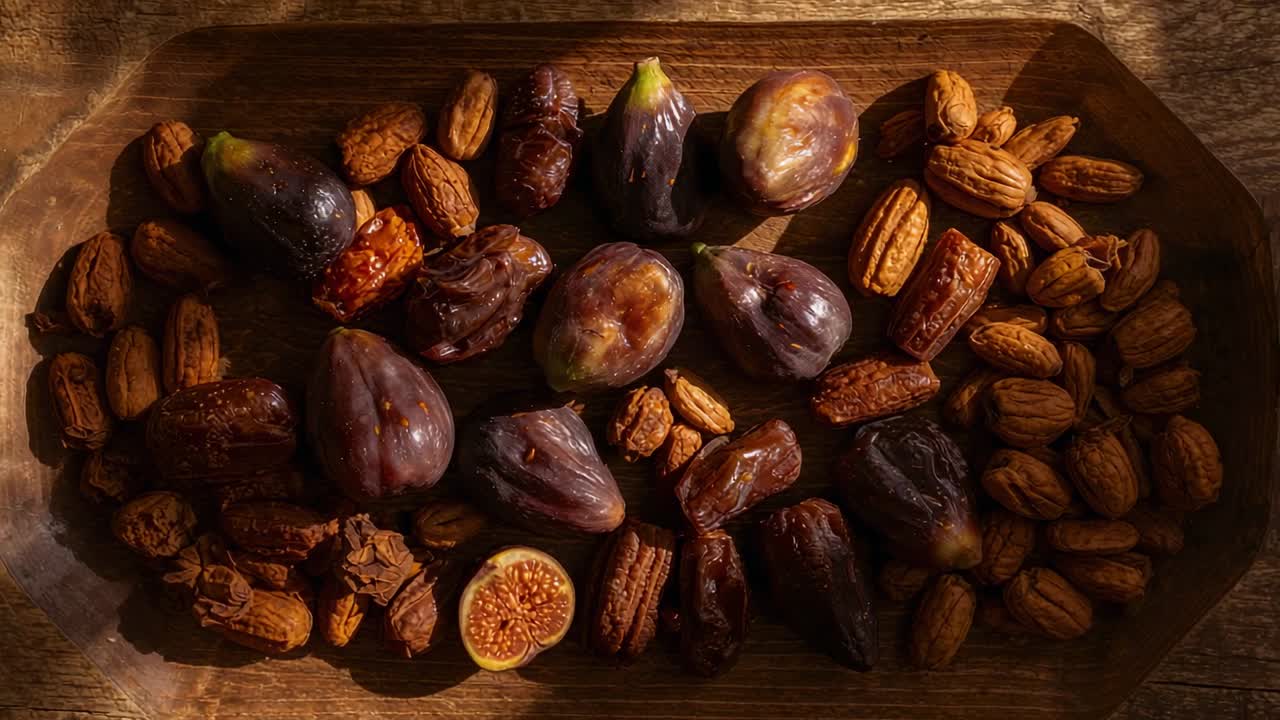 Zooming camera toward wooden tray on kitchen table, emphasizing fig skins dates and pecan textures