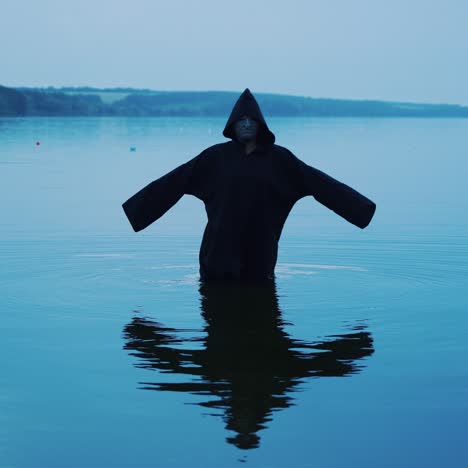 terrible figure in a black robe in the water outdoor. divination by halloween