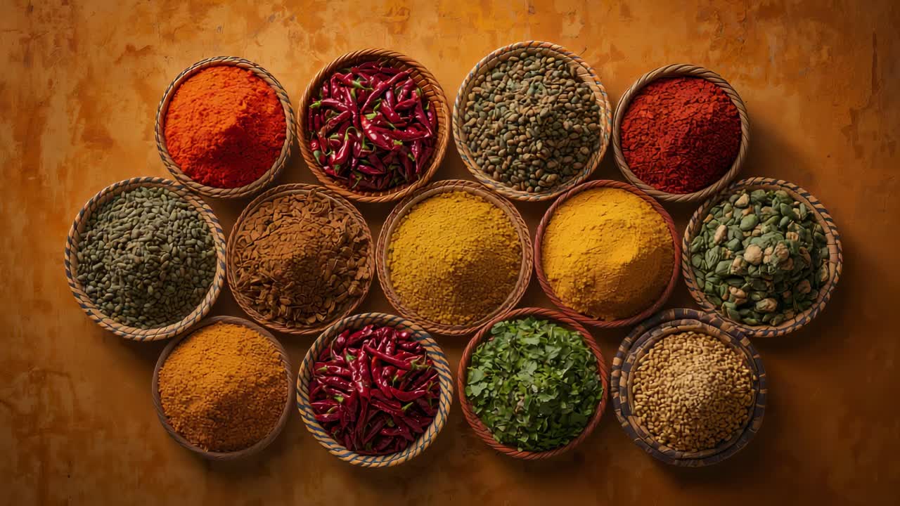 Telecamera che centra, riprendendo 13 cestini di spezie intrecciati su un piano d'appoggio color ocra, per presentazione culinaria.