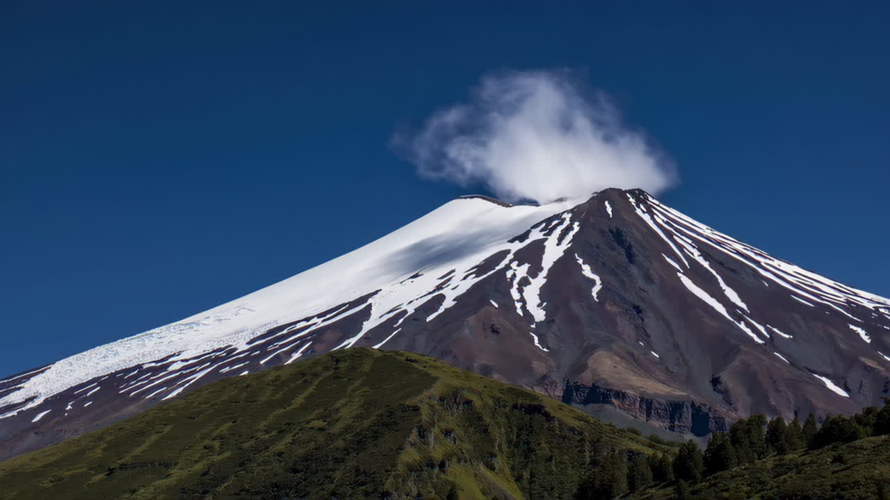 A snow-capped volcano emitting a plume of smoke against a clear blue sky