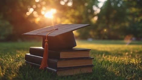 graduation cap on books in the sunlight